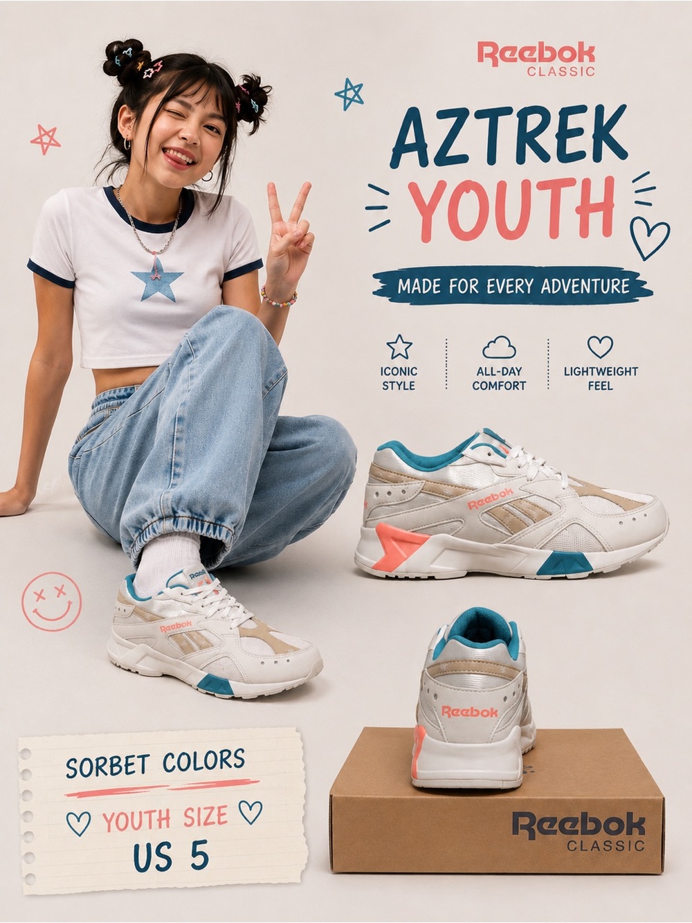 Reebok Aztrek Youth Sneakers SZ5 Sorbet Retro Y2K style Chunky Shoes NWT